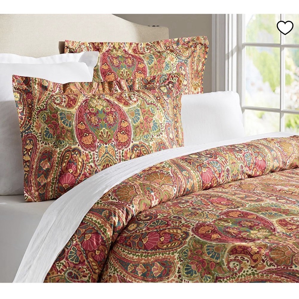 POTTERY BARN ROSALIE PAISLEY Full Queen Duvet Cover Red Gold Green Boho 84"x88"